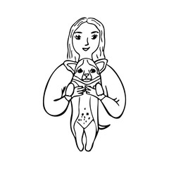 Girl with dog in his hands. Happy domestic animal. Hand drawn illustration isolated on white background. International Homeless Animals Day.