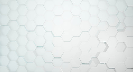 3D Render. Abstract white hexagon background texture. Concept of science design. light honeycomb of different height can be used in cover design, website background, advertising,  Design copy space.