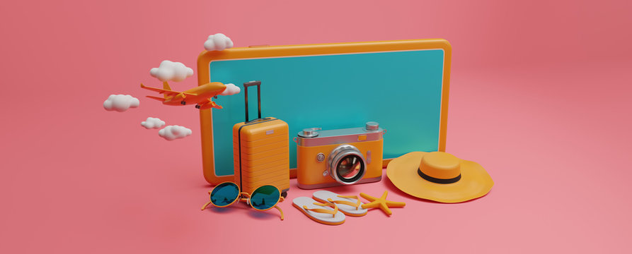 smartphone with Traveling suitcase and travel accessories on pastel color background. wanderlust and travel concept. 3d rendering.