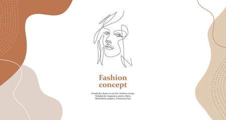 Female face drawn in one line. Fashion concept. Template for magazines, posters, flyers.