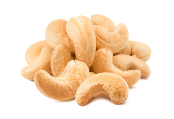 Pile of roasted cashew nuts isolated on white background. Package design element with clipping path