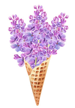 Waffle cone filled with lilac flowers. Hand drawing