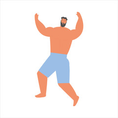 A man in a swimsuit is jumping with happiness. Cartoon vector illustration