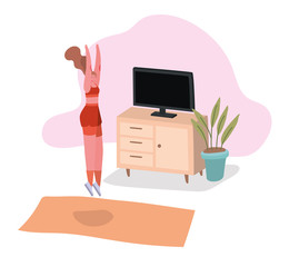Woman jumping on mat in front of tv at home vector design
