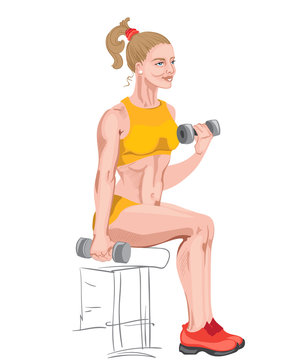 Fit blonde girl working out using dumbbells while sitting on a chair