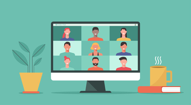 people connect together, learning or meeting online with teleconference, video conference remote working on computer laptop, work from home and anywhere, new normal concept, vector flat illustration
