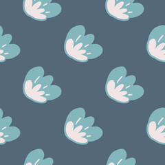 Fototapeta na wymiar Abstract flower bud seamless pattern on blue background. Doodle floral endless wallpaper