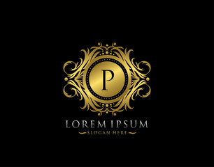 Royal Boutique P Letter Logo. Elegant gold circle badge design for Boutique, Letter Stamp, Wedding Logo,  Hotel, Heraldic, Jewelry.