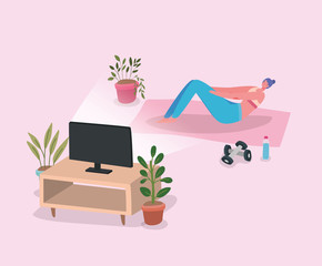 Woman doing yoga on mat in front of tv at home vector design