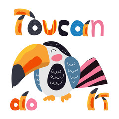 Toucan bird cartoon character and hand lettering funny text toucan do it. Cute flat illustration. South America fauna. Exotic colorful bird for zoo ad, nature concept, children book, print ets © Iuliia