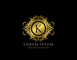 Royal Boutique K Letter Logo. Elegant gold circle badge design for Boutique, Letter Stamp, Wedding Logo,  Hotel, Heraldic, Jewelry.