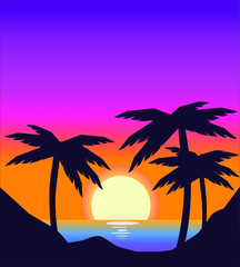 vector evening beach landscape with palms and sunset. silhouette palm trees on beach 