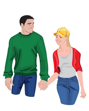 Young couple holding their hands. Colourful clothes