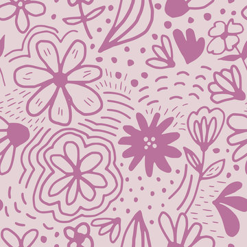 Doodle pink outline flower seamless pattern. Ditsy floral background. Naive art. Funny floral endless wallpaper.