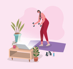 Woman doing sport on mat in front of tv at home vector design