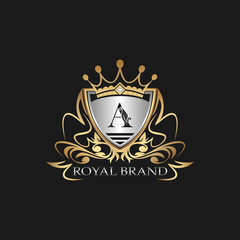A Letter Gold Shield Logo. Elegant vector logo badge template with alphabet letter on shield frame ornate vector style  design.