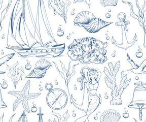 Seamless pattern with marine and nautical elements.  Hand drawn outline. Mermaid, yacht, coral, seaweed, etc.