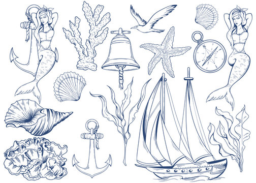 Set of nautical illustrations. Hand drawn outline. Mermaid, yacht, coral, seaweed, etc.