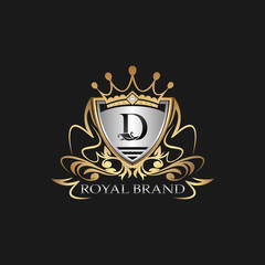 D Letter Gold Shield Logo. Elegant vector logo badge template with alphabet letter on shield frame ornate vector style  design.