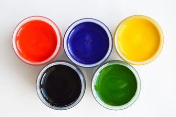 paint in jars. gouache. bright color. material for artists, drawing.