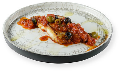 Grilled Fish Fillet on plate isolated white background