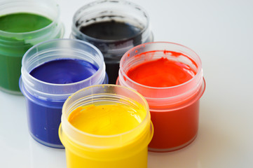 paint in jars. gouache. bright color. material for artists, drawing.