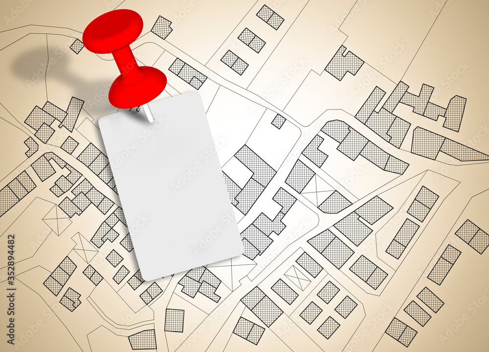 Poster concept image with an imaginary city map with a blank ticket fixed with a red pin - image with copy 