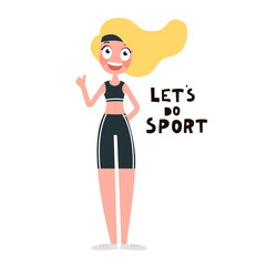 Athletic slender girl calls for sports. Vector illustration on white background