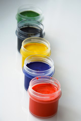 paint in jars. gouache. bright color. material for artists, drawing.