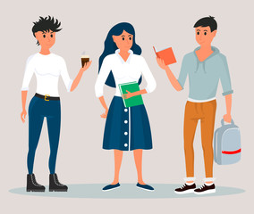 Fototapeta premium Diverse College or University Students Holding Book Piles and backpacks. Vector illustration on gray background