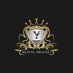 Y Letter Gold Shield Logo. Elegant vector logo badge template with alphabet letter on shield frame ornate vector style  design.