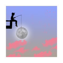 silhouette of a man fishing the mon