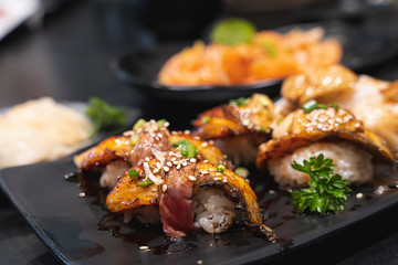Unagi and beef sushi On the plate, Japanese food