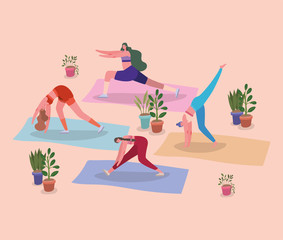 Women doing yoga on mats with plants inside pots vector design