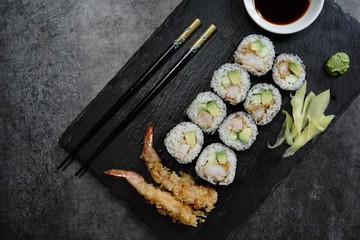 Homemade Shrimp tempura Sushi Roll ,pickled ginger,wasabi and soy sauce