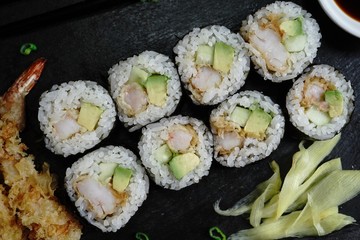 Homemade Shrimp tempura Sushi Roll ,pickled ginger,wasabi and soy sauce