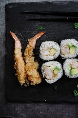 Homemade Shrimp tempura Sushi Roll ,pickled ginger,wasabi and soy sauce