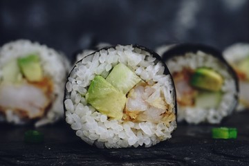 Homemade shrimp tempura sushi roll, selective focus