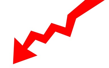 Red Graph stock market with decreasing arrow on red background ;Isolated on white background,Business