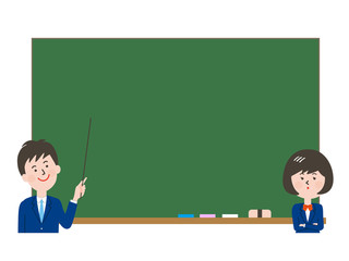 テキストスペースのある黒板と学生2人