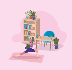 Woman doing yoga on mat in front of laptop on desk vector design