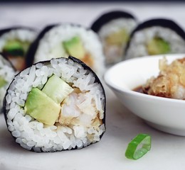 Homemade shrimp tempura sushi roll, selective focus