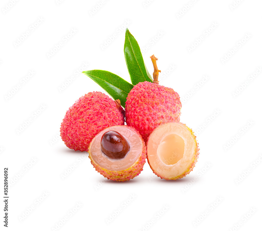 Wall mural Fresh lychee with leaves on white background