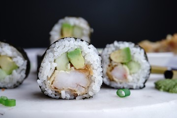 Homemade shrimp tempura sushi roll, selective focus