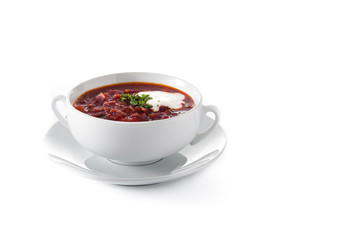 Traditional Ukrainian Russian borsch. Beetroot soup isolated on white background. Copy space