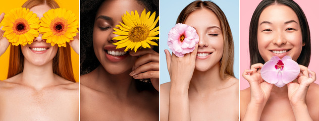 Happy multiracial ladies touching faces with flowers