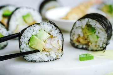 Homemade shrimp tempura sushi roll, selective focus