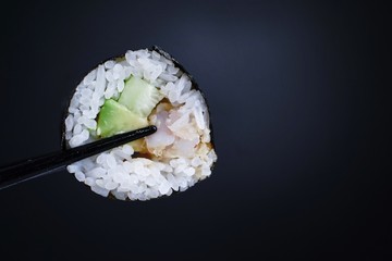 Homemade shrimp tempura sushi roll, selective focus