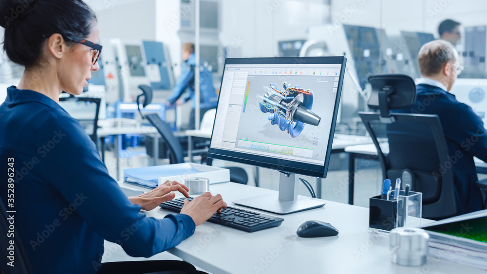 Poster Industrial female Engineer Working on a Personal Computer, Screen Shows CAD Software with 3D Prototype of Engine. Busy Factory with Professional Workers High-Tech Machinery