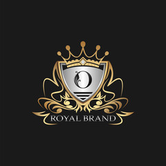 O Letter Gold Shield Logo. Elegant vector logo badge template with alphabet letter on shield frame ornate vector style  design.